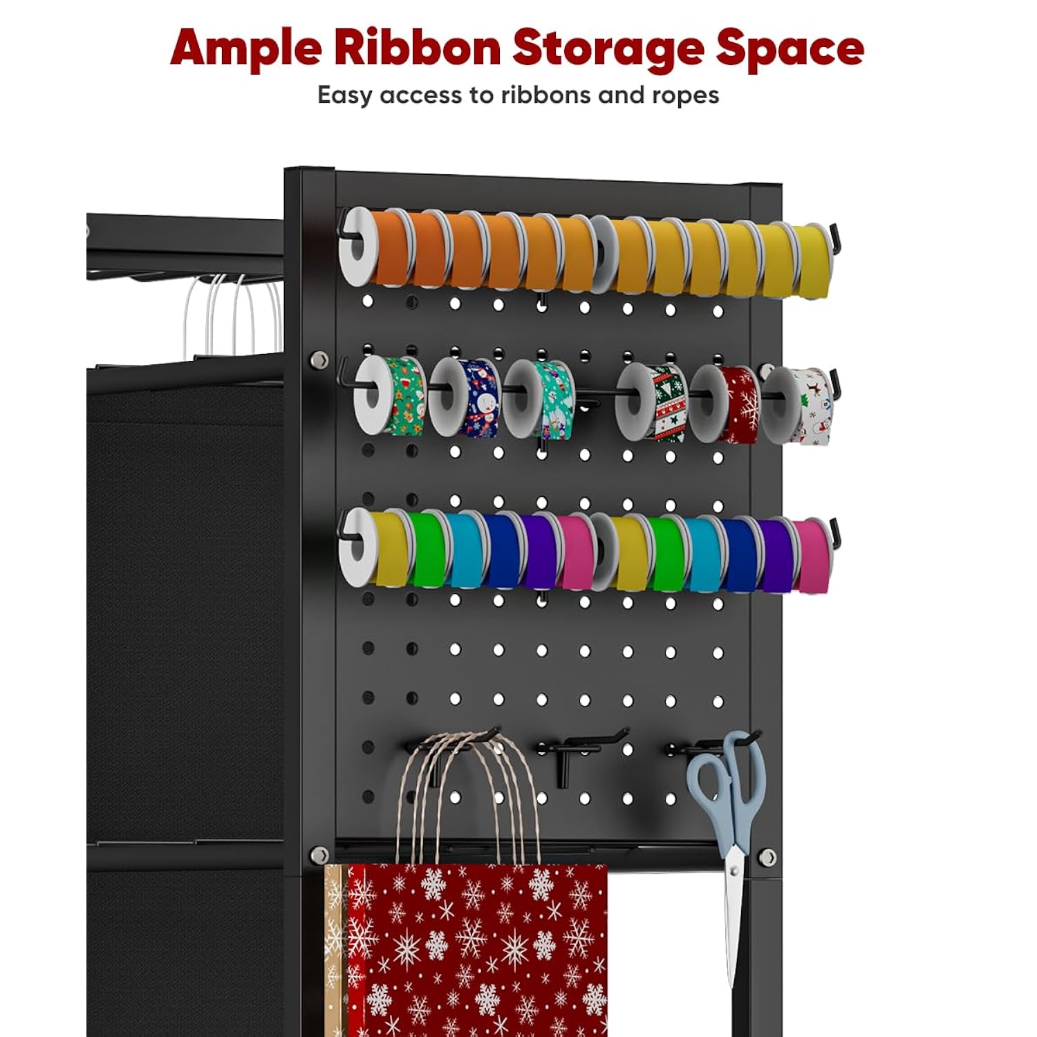 Wrapping Paper Organizer Storage With Wheels, Gift Wrap Storage Station With Ribbon And Gift Bag Storage, Rolling Craft Storage Cart With 12Pcs Slap Bands, Christmas Decor, Black