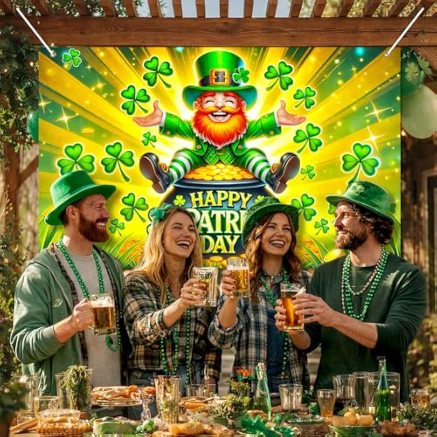 St. Patrick'S Day Banner Happy St. Patrick'S Day Decorations Leprechaun Shamrock Gold Coin For Irish Holiday Party Wall Decor Holiday Photo Background Indoor Outdoor 71X43 Inch