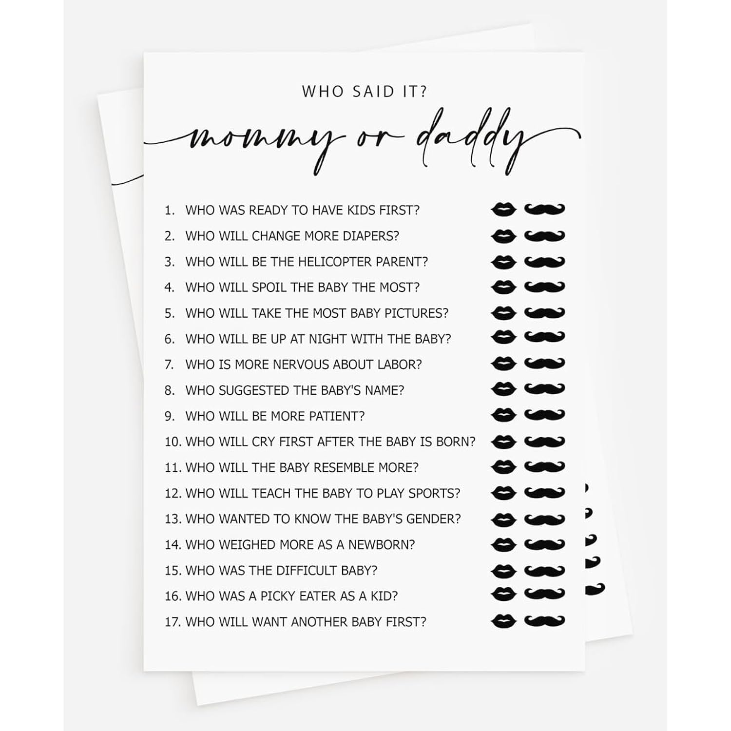 50 Mommy Or Daddy Who Said It Game (50-Cards) Fun Baby Shower Game Activity, Gender Neutral Boy Or Girl Minimalist