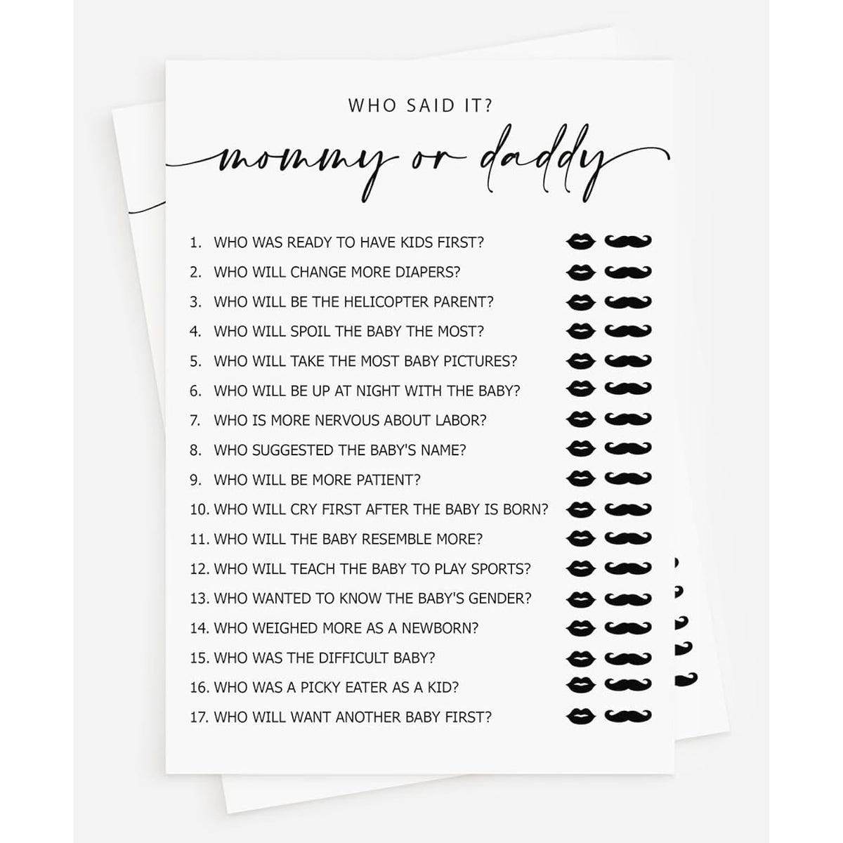 50 Mommy Or Daddy Who Said It Game (50-Cards) Fun Baby Shower Game Activity, Gender Neutral Boy Or Girl Minimalist
