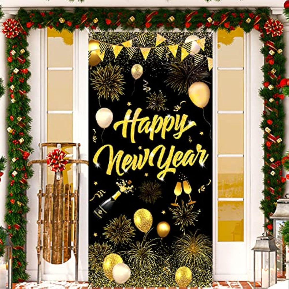 Happy New Year 2025 Door Banner Black Gold Hanging Party Decor 73x36In