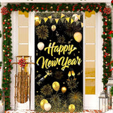 Happy New Year 2025 Door Banner Black Gold Hanging Party Decor 73x36In
