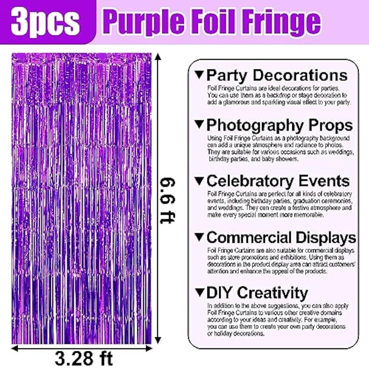3-Pack Purple Foil Fringe Curtains 3.28x6.6 ft for Party and Photo Booth Decor