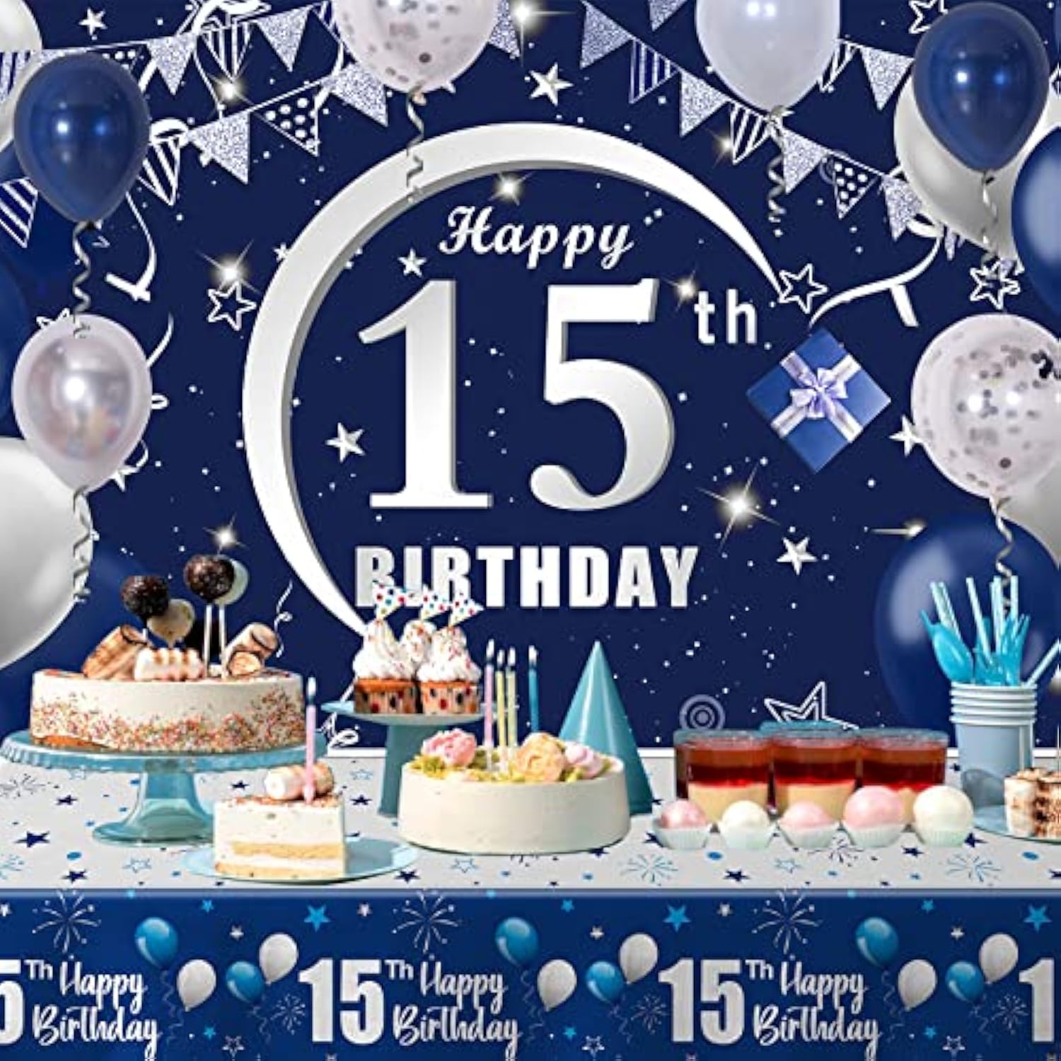 15Th Birthday Decorations For Boys Girls - Navy Blue Birthday Decorations For Boys Girls Including Happy 15Th Birthday Decorations Backdrop Tablecloth Balloon Garland Kit -15Th Bday Decorations