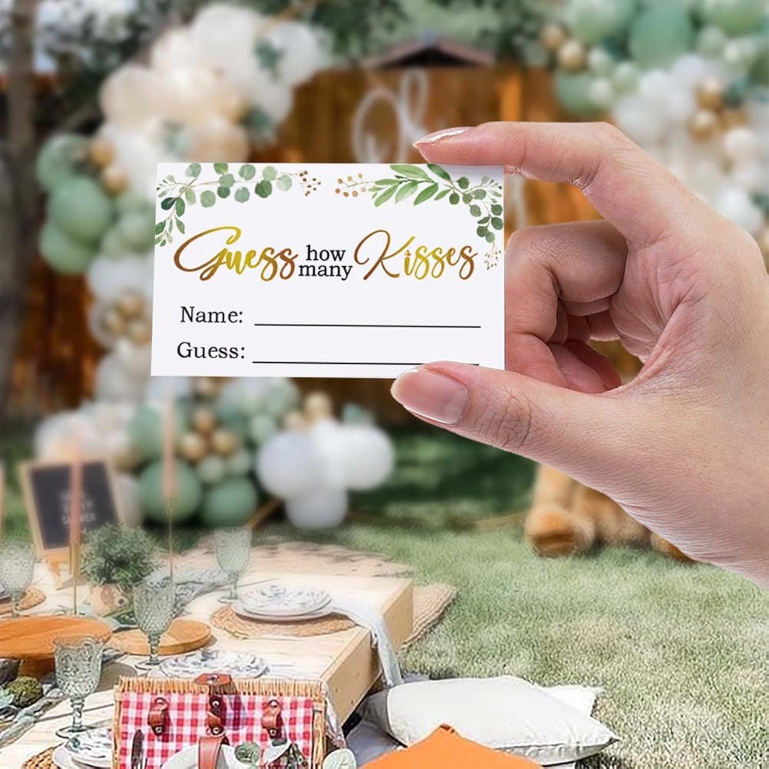 Guess How Many Kisses Are In The Jar Game, Eucalyptus How Many Kisses Baby Shower Cards Kit(1 Standing Sign + 50 Guessing Cards), Guess How Many Kisses Insert Ticket