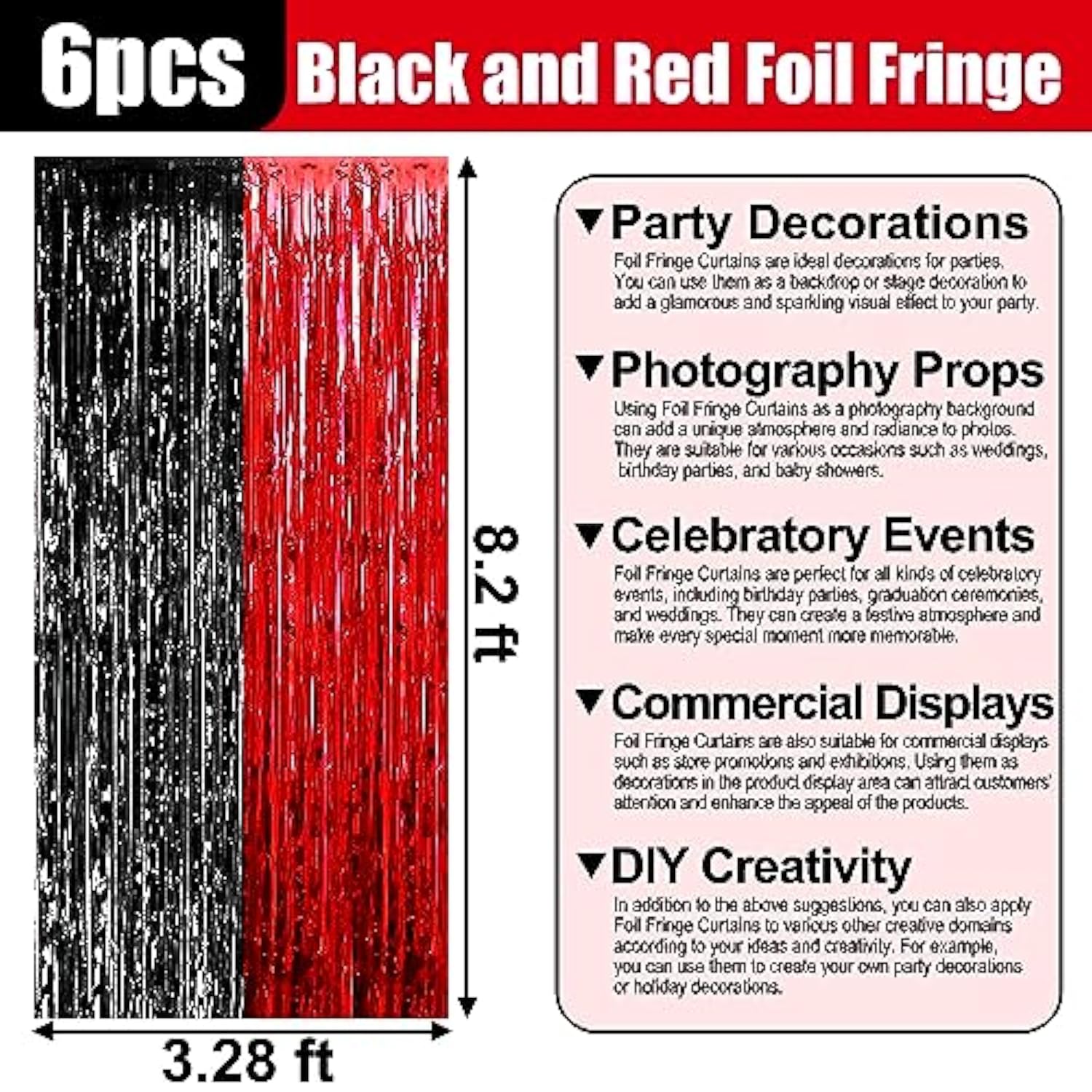 6-Pack Black Red Foil Fringe Curtains 3.28x8.2 ft for Party and Photo Booth Decor