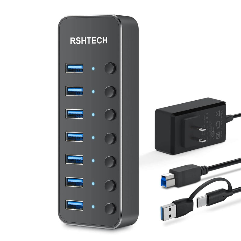 Powered Usb Hub, 7 Port Usb 3.0/Usb C Hub Upgraded Version Aluminum Usb Hub Wi