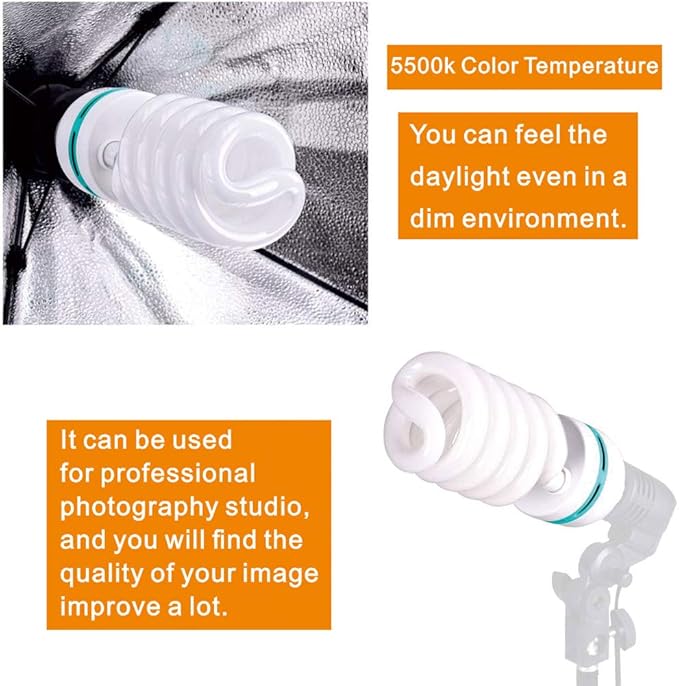 2 Pack 85W CFL Photography Light Bulbs 5500K Daylight Spiral Softbox E27 Studio Lighting