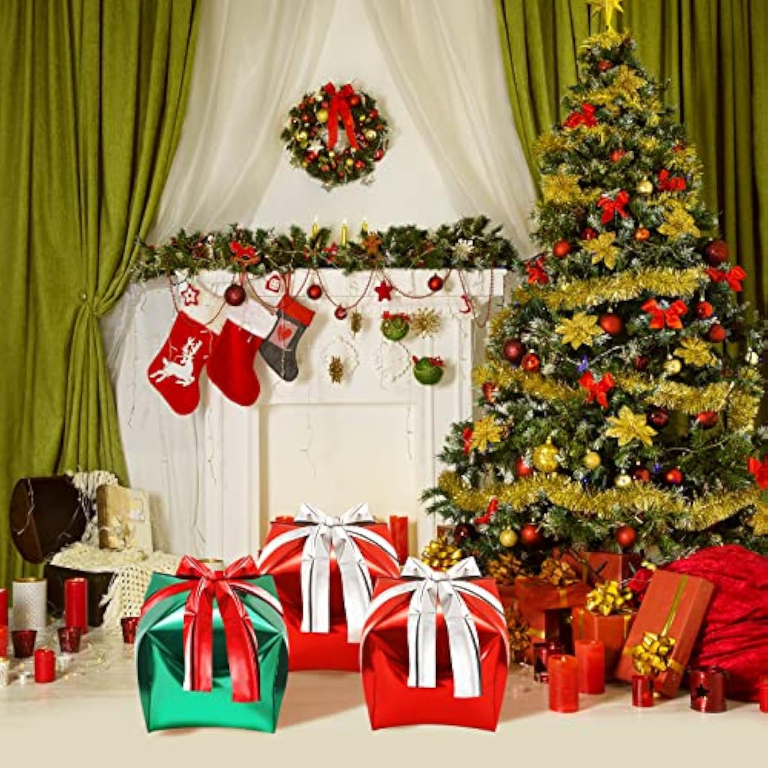 8 Pieces Christmas Square Shaped Foil Balloons Gift Box Cube Aluminum Foil Balloon For Happy Xmas Birthday Party Decoration, 24 Inch(Green And Red)