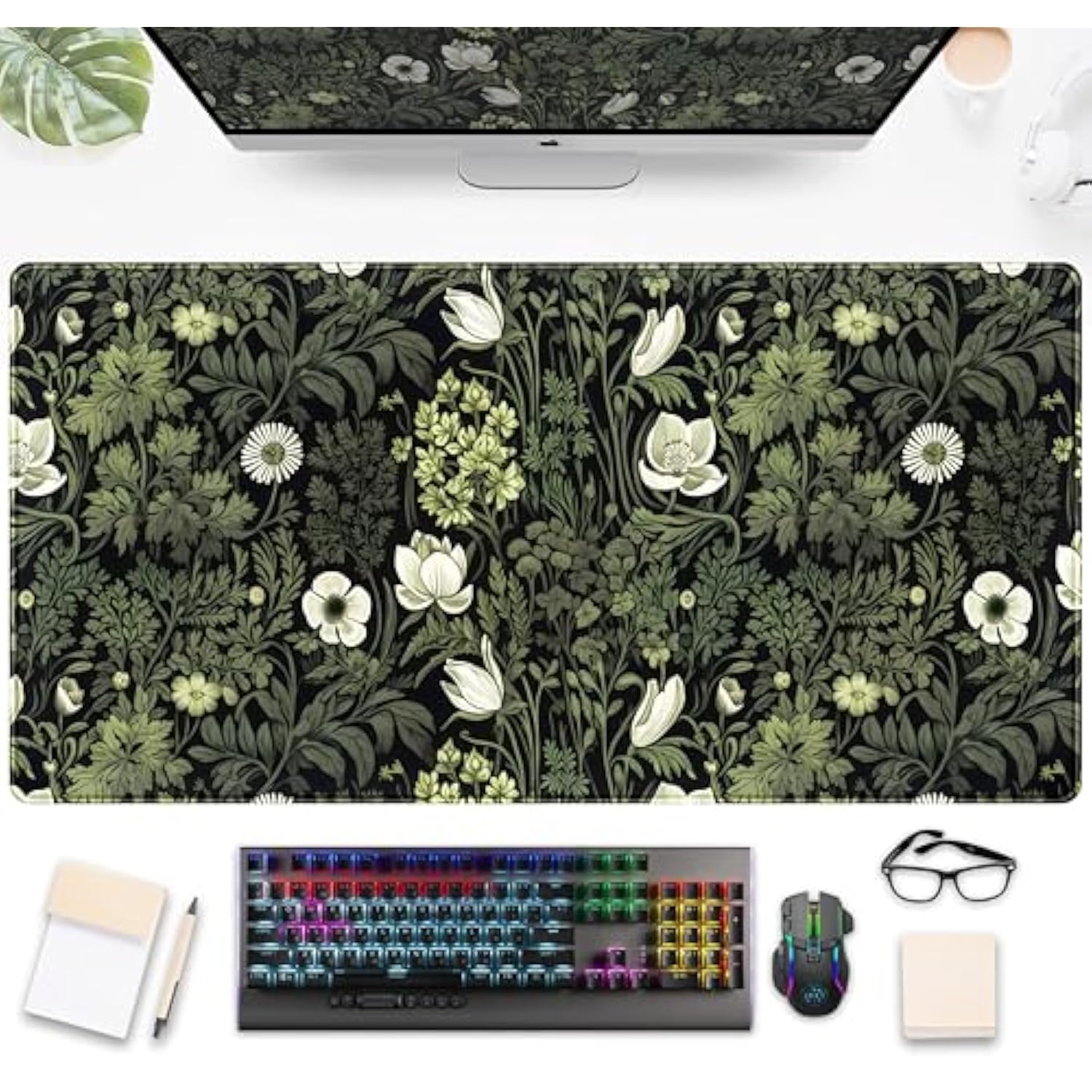 Dark Green Floral Plants Xxl Gaming Mousepad & Desk Pad - Nature Leaf Flower Laptop Keyboard Mat 31.5 X 15.75