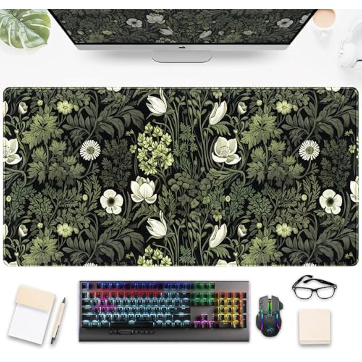 Dark Green Floral Plants Xxl Gaming Mousepad & Desk Pad - Nature Leaf Flower Laptop Keyboard Mat 31.5 X 15.75
