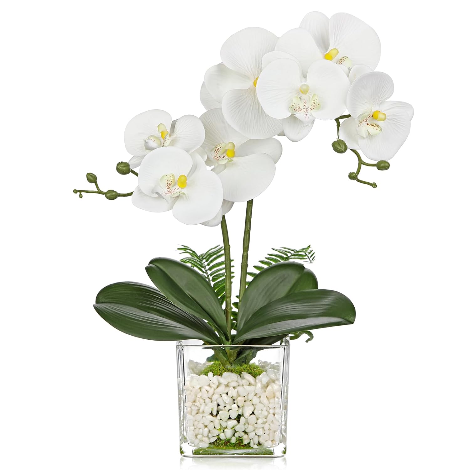 White Orchids Artificial Flowers 16.1" Faux Orchids Plant In Pot Fake Flower Arrangements With Glass Vases Small White Centerpieces For Kitchen Dining Room Tables Bathroom Nightstand Shelf Desk Decor