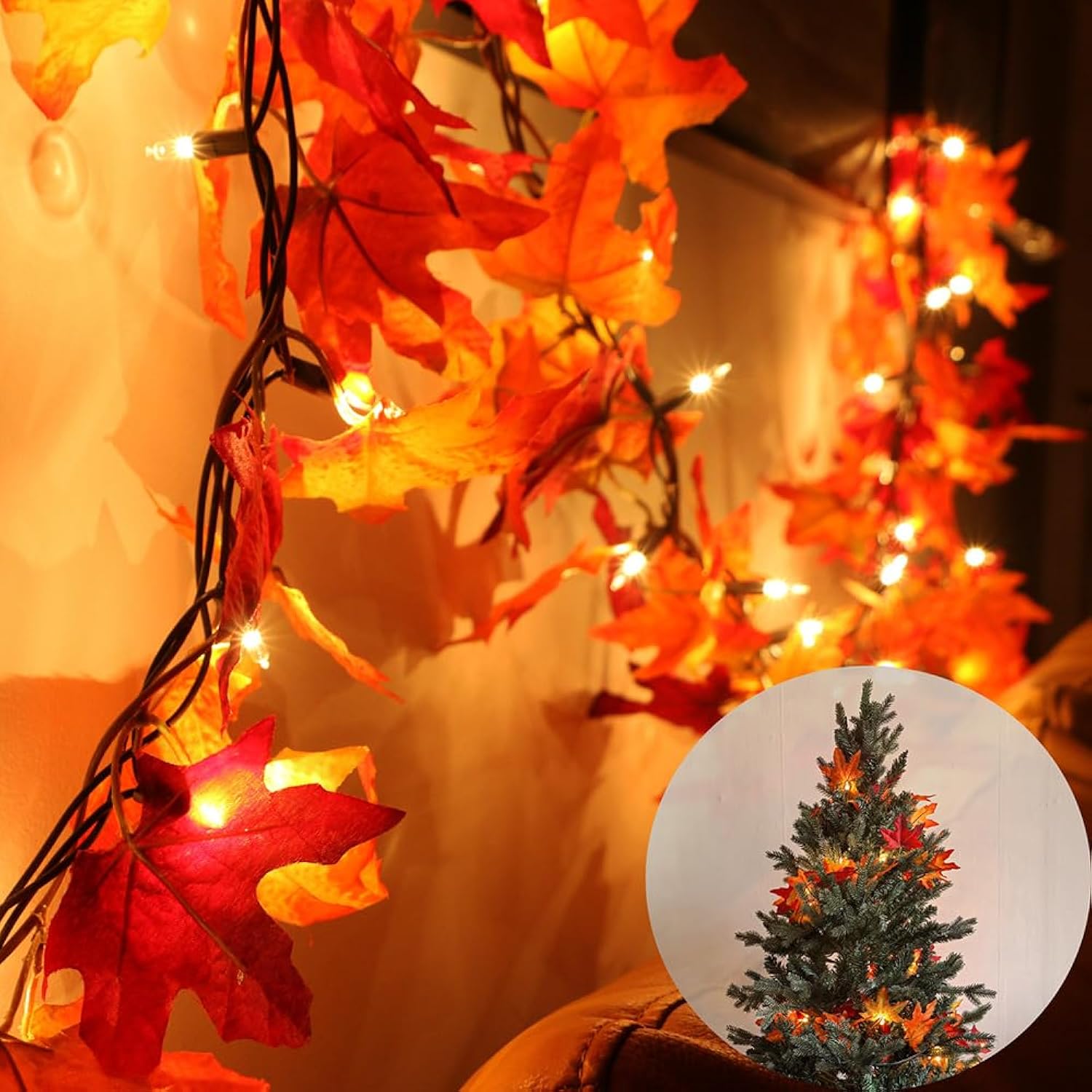 Halloween Decor Garland With Lights Plug In String Lights, Autumn Leaf Fairy Light For Festival Lighting Strings Indoor