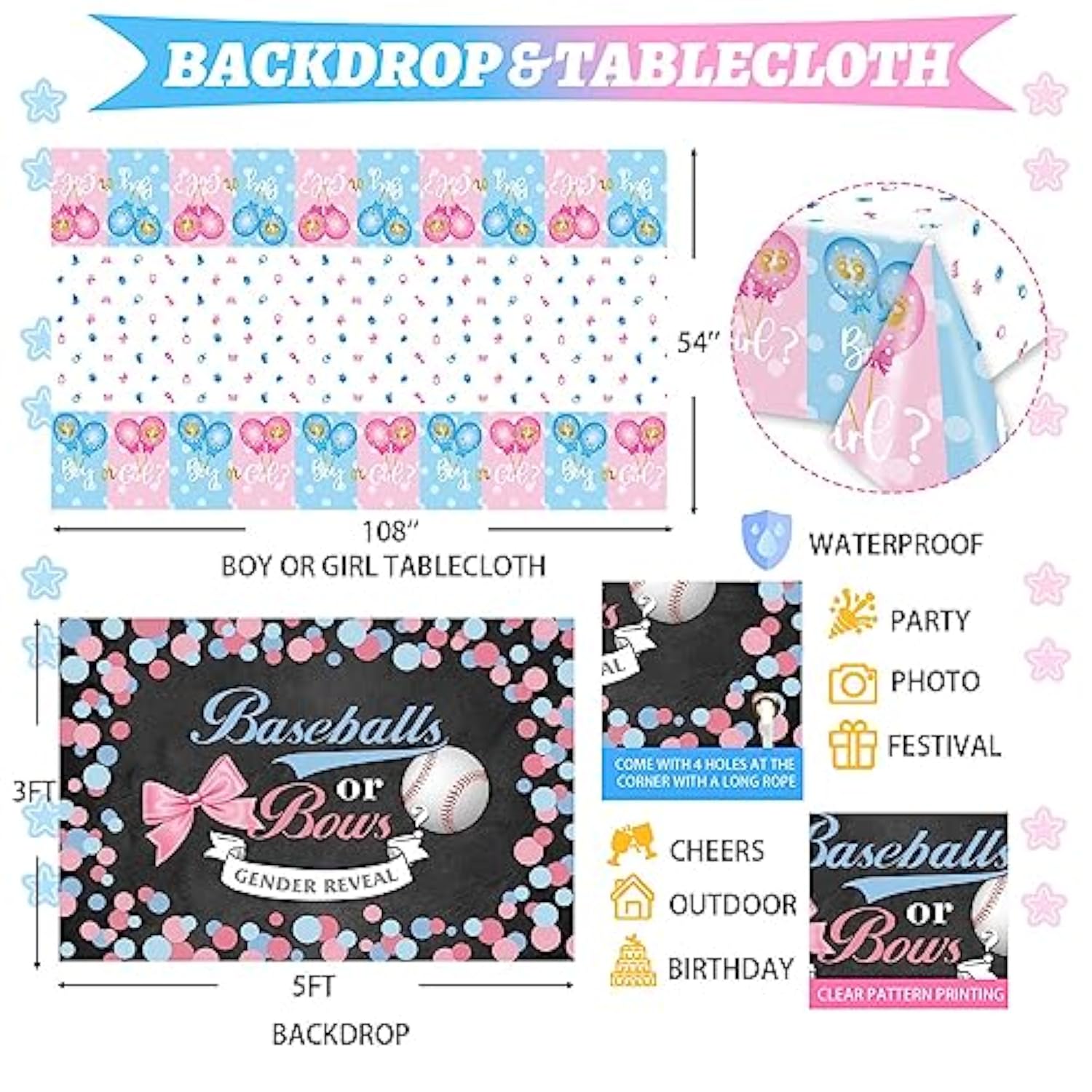 Baseball Or Bows Gender Reveal Decorations, 171 Pcs Boy Or Girl Gender Reveal Decorations Backdrop Balloon Garland Banner Tablecloth Cake Cupcake Topper Box Cutout Poster Sash Pink Blue