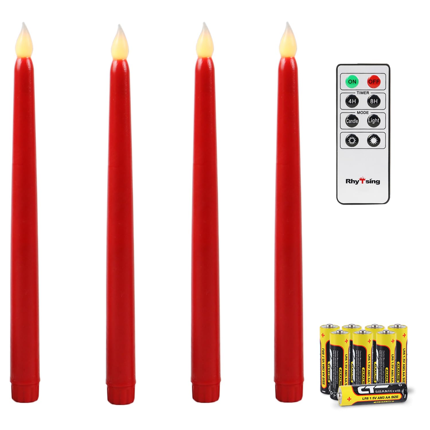 Red 10.8" Flameless Taper Candles With Timer, Battery Operated Candles With Remote, Smooth Wax Finish, Warm White Led, 8 Batteries Included - Set Of 4