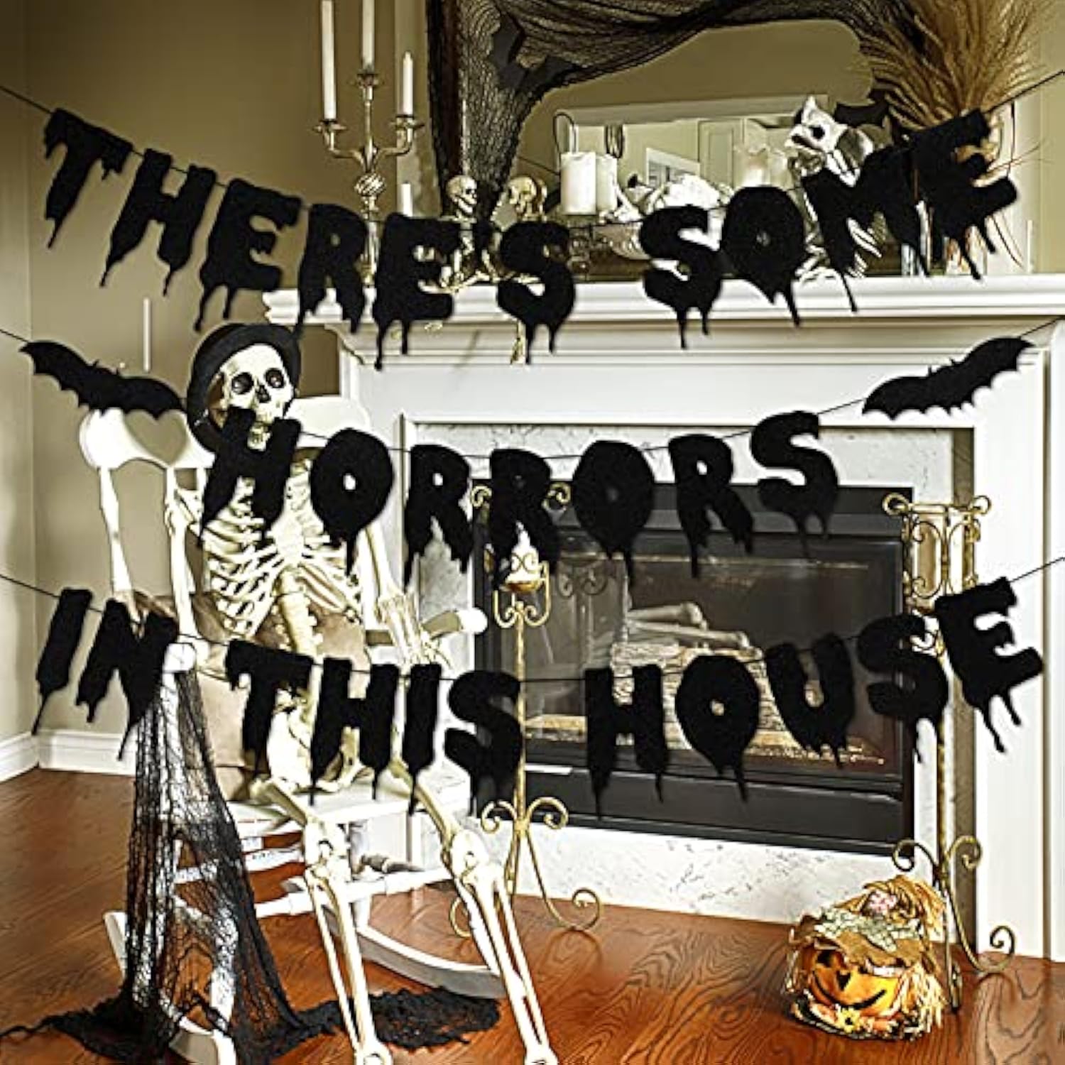 Black Glitter Halloween Banner: "There's Some Horrors In This House"