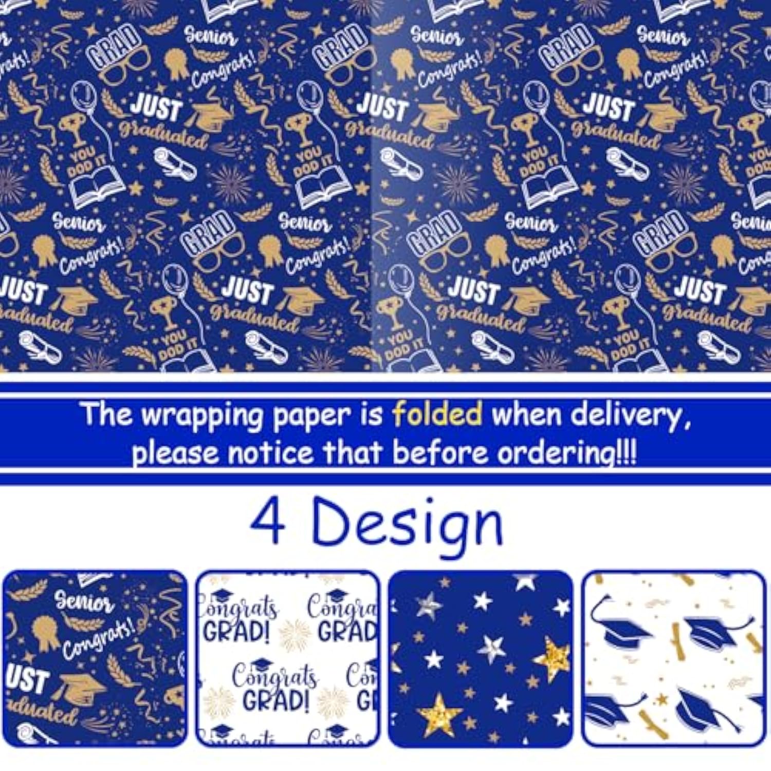 28 X 40 In Graduation Wrapping Paper Navy Gold Class Of 2025 Graduation Cap Assorted Design, Folded Flat Gift Wrap Paper - 6 Jumbo Sheets For School College Congrats Grad Party Celebration