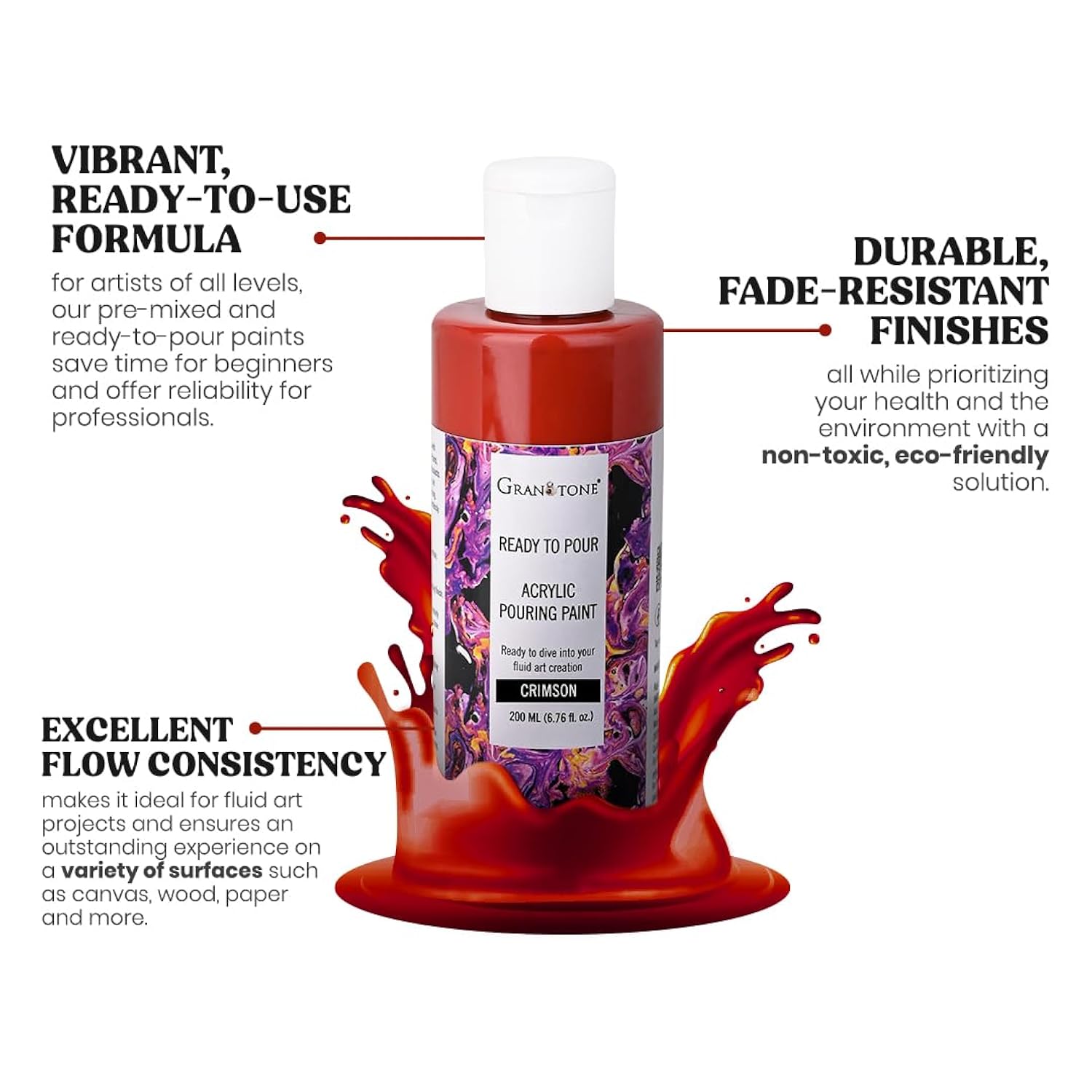 Premium Acrylic Pouring Paint Crimson Colour 6.76 Fl Oz 200 Ml Ready To Use Superior High Flow Formula For Canvas Wood Paper Craft And Fluid Art Projects Made In India