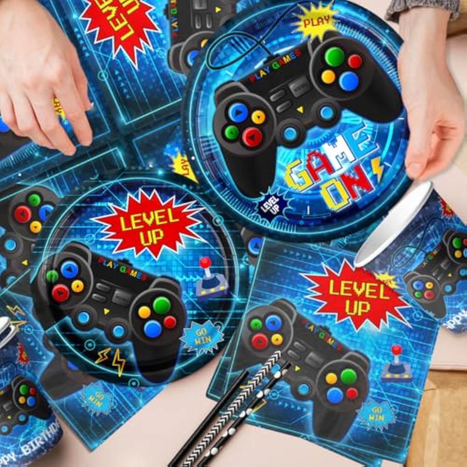 Video Game Birthday Decorations,142Pcs Gamer Birthday Party Decorations Tableware Plates And Napkins,Banner,Tablecloth,Cup,Blue Video Game Decorations For Boys Birthday Party Decorations