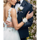 Corsage And Boutonniere Set For Groom Bride Groomsmen Bridesmaids Wedding Party Prom, Artificial Roses Flower Boutonniere For Men Wedding Mother Grandmother For Bridal Shower Prom (White)