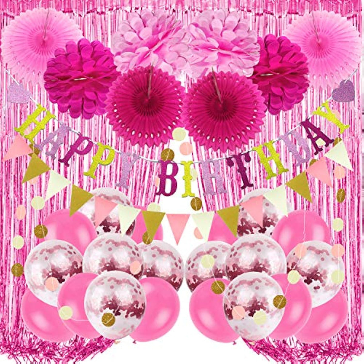 Pink Party Decorations - Happy Birthday Banner, Curtains, Paper Pompoms, Fans, Garland, Confetti Balloons