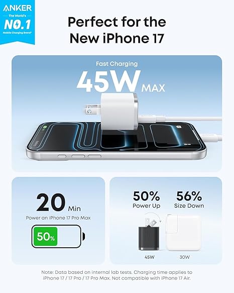 45W USB C Fast Charger with 6FT Type C Cable Foldable Wall Charger for iPhone 17 MacBook iPad Pixel