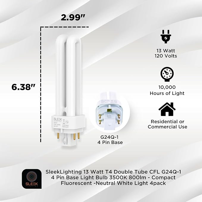 G24Q-1 CFL Light Bulbs 4 Pack 13W T4 Double Tube 3500K Neutral White 800 Lumens 4 Pin Base