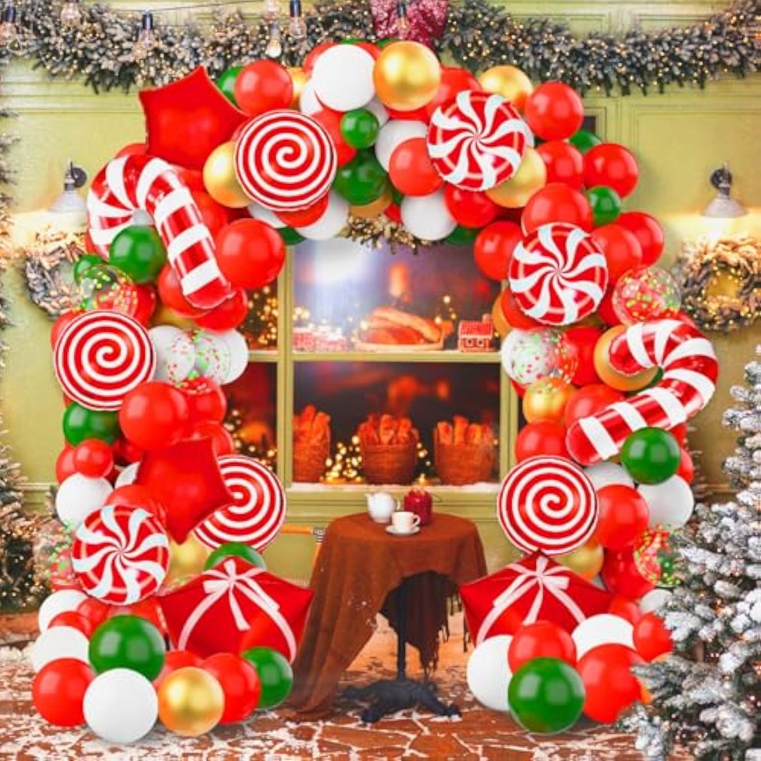165Pcs Christmas Balloons Garland Arch Kit, Xmas Red White Green Holiday Party Balloon Decorations With Candy Cane Gifts Box Red Star Foil Balloons For Christmas Themed Birthday Party Supplies