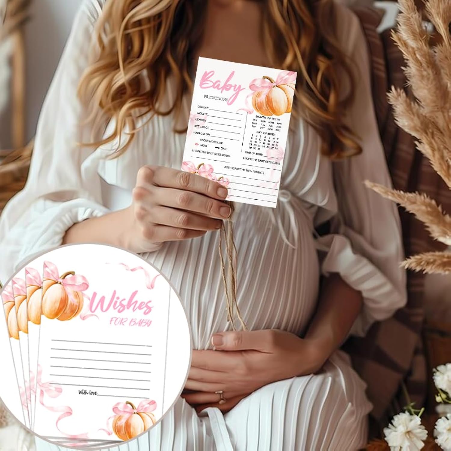 50Pcs Baby Prediction Cards For Baby Shower Games, Fall Pink Bow Pumpkin Wish And Advice Cards With Box For Baby Shower Decorations, Gender Reveal Boy Or Girl Decor (Pumpkin Prediction)