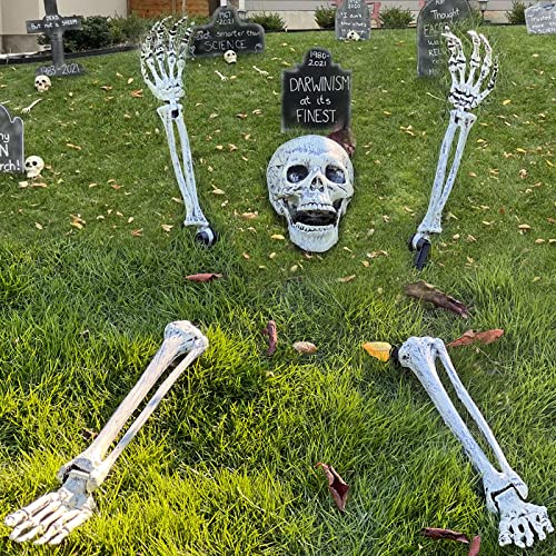 Halloween Skeleton Stakes Decorations, Realistic Skeleton Halloween Decor, Hallo-ween Ske-leton Head and Arms with a Stake for Halloween Yard Scary Skeleton Decor 5pcs
