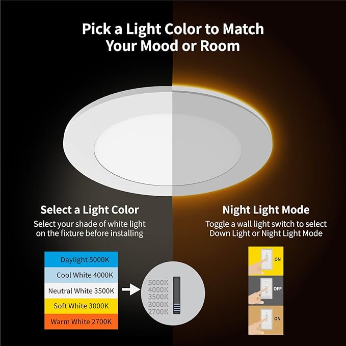 24 Pack 6 Inch LED Recessed Lights 5CCT Night Light Dimmable Downlights