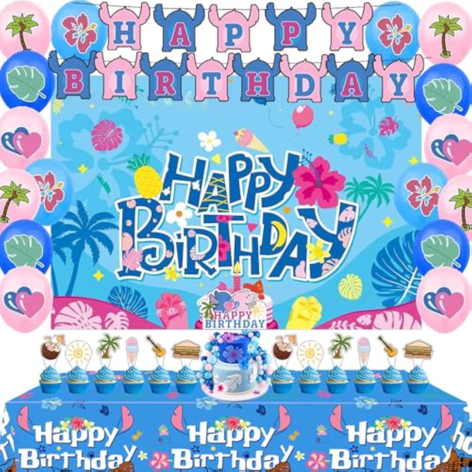 Cartoon Blue And Pink Theme Birthday Party Supplies Decorations Including Birthday Banner, Backdrop, Balloons, Tablecloth, Cake Toppers For Kids Party