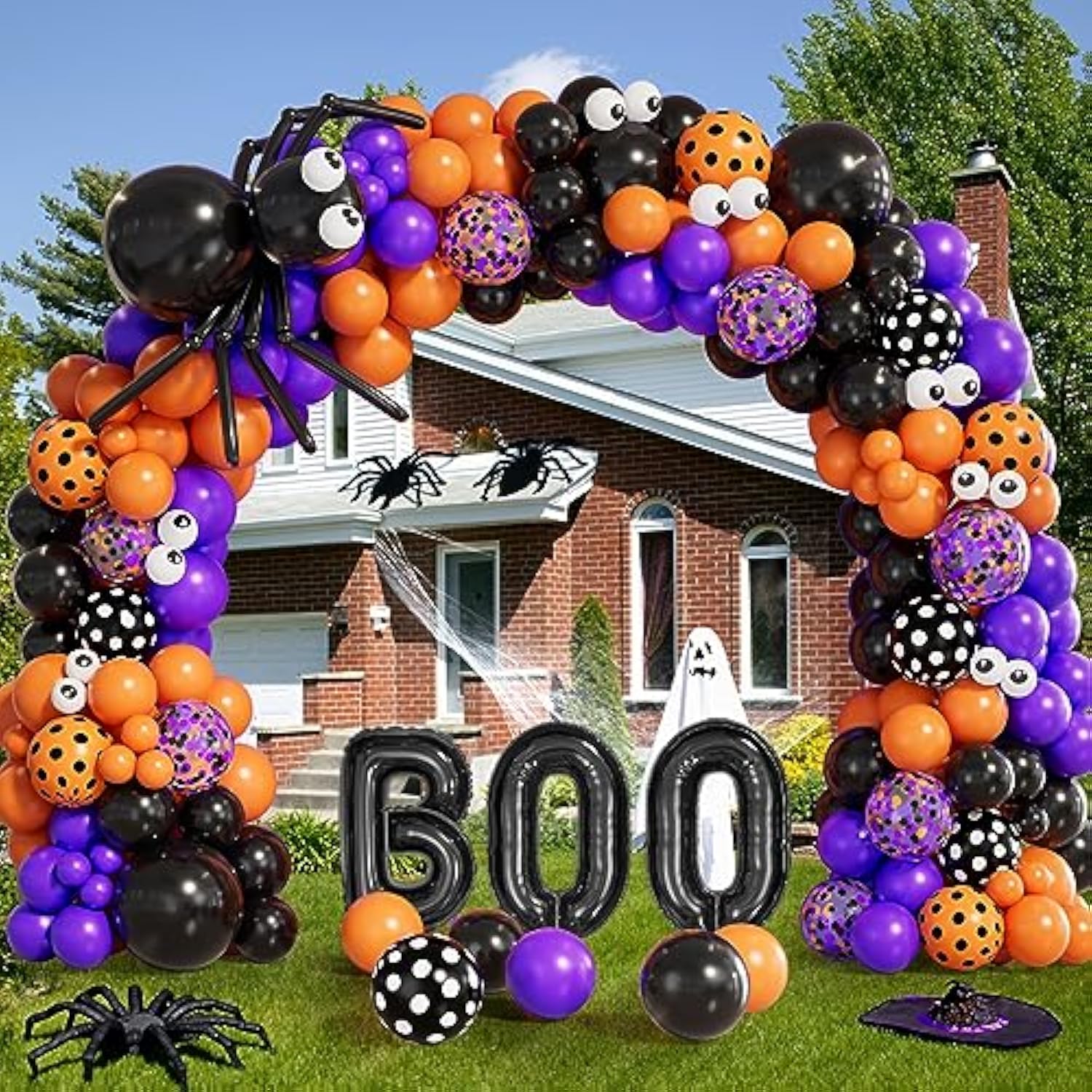Halloween Balloon Arch Kit - Black, Orange, Purple, Confetti with Spider, BOO & Eye Foils