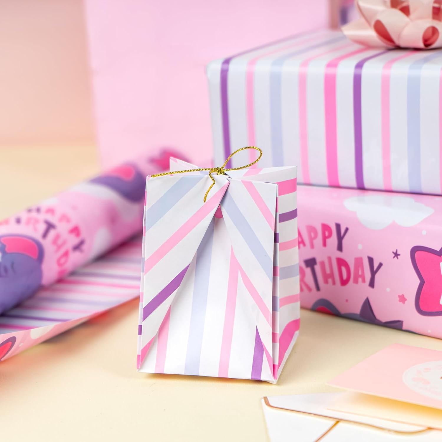 Reversible 1St Birthday Wrapping Paper - Mini Roll - 17 Inch X 33 Feet - Adorable Elephant Happy Birthday Wrapping Paper For Girls, Baby Shower, Party