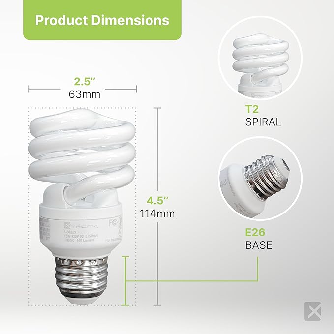 CFL T2 Spiral Light Bulbs 2 Pack 23W 100W Equivalent 5000K Daylight E26 Base 1520 Lumens UL Listed