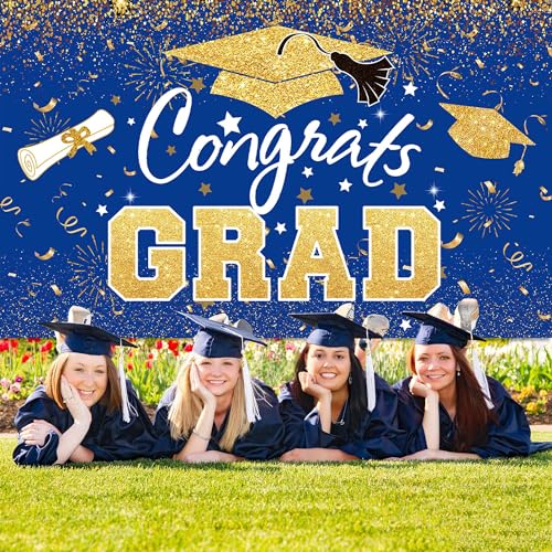 Graduation Party Decorations - Blue Gold Congrats Grad Class of 2026 Backdrop Banner Large Sign Wall Decorations Photography Background Party Supplies for 2026 Graduation Party Decorations