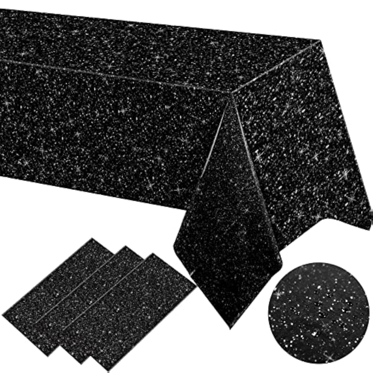 3 Pcs Black Glitter Tablecloth, 54 X 108 Shimmer Table Cloth For Women, Sequin Sparkly Plastic Waterproof Disposable For Star Galaxy Space Themed Gothic Halloween Disco Wedding Birthday Party