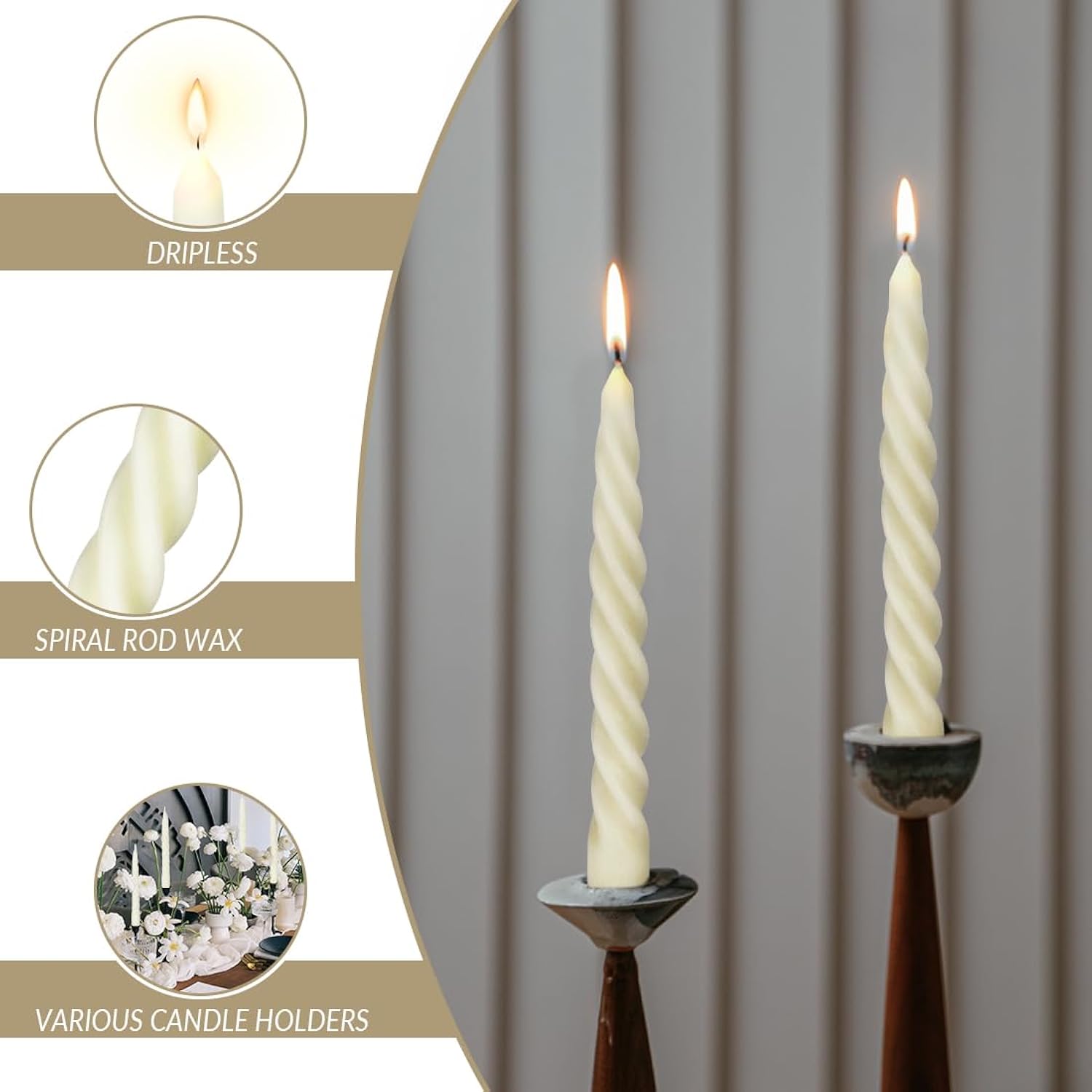 Beeswax Taper Candles Set Of 4,Spiral Taper Candle Dripless Short Candle Sticks For Dinner Wedding Party Christmas Home Decorations - 7 Inch In Height- Off White