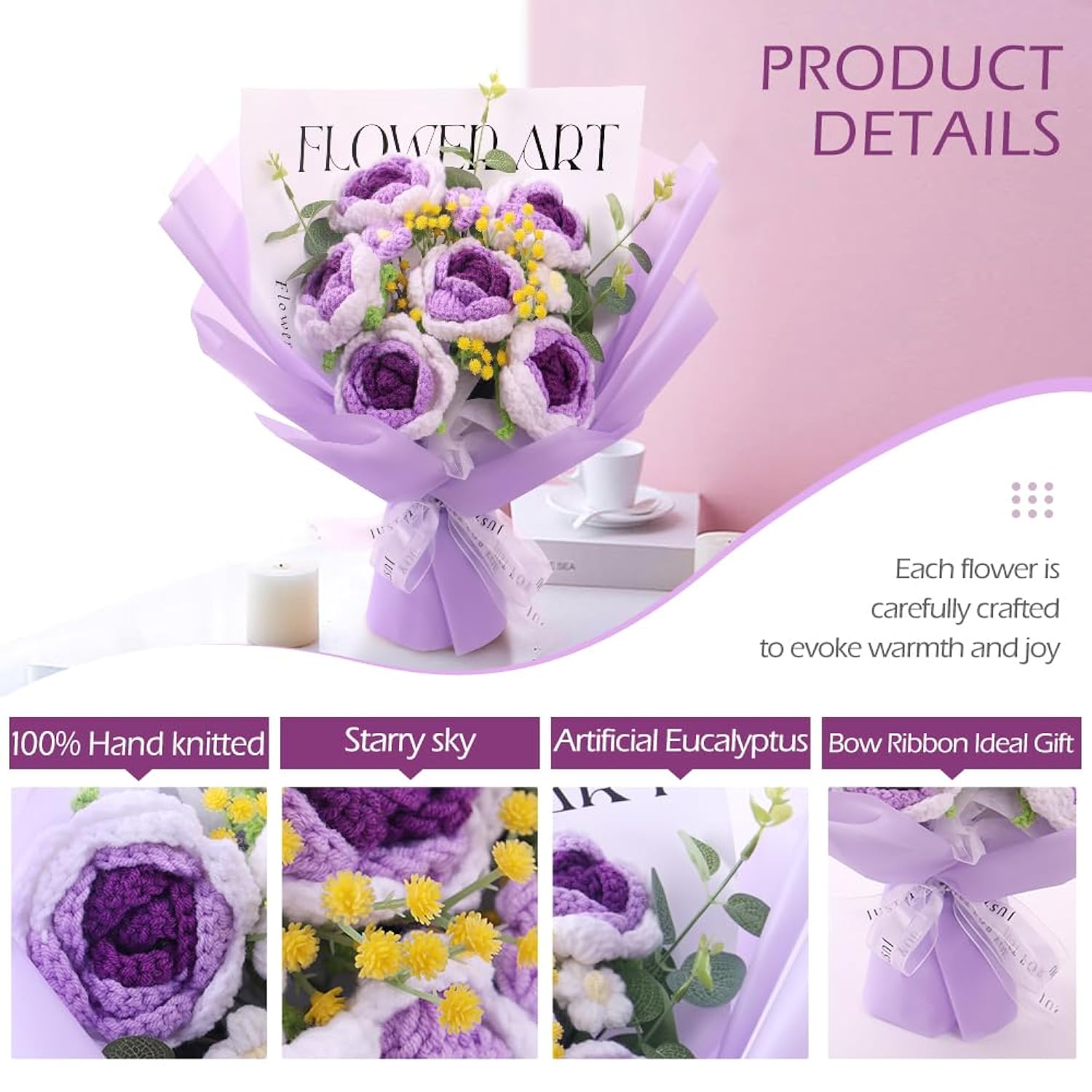 Crochet Flower Bouquet Roses: Artificial Knitted Flowers For Mother'S Day Wedding Anniversary Birthday Teachers' Day Decoration (Purple)