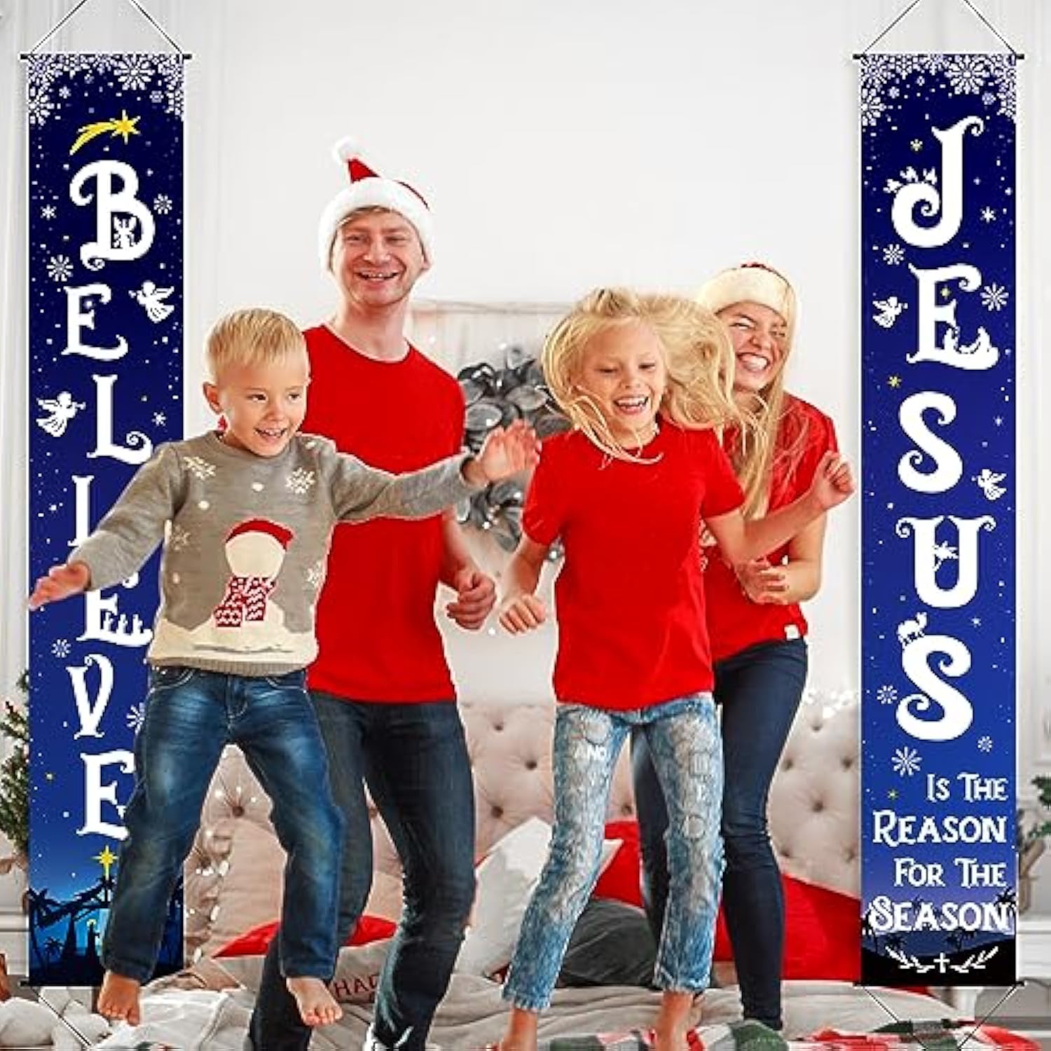 Christmas Front Porch Banners Winter Religious Nativity Scene Sign Holiday Hanging Banner Xmas Decoration For Front Door Believe Jesus Is The Reason For The Season 12 X 71 Inch (Snowflake)