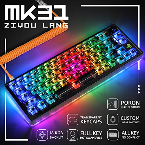 65% Hot-Swap Wired Mechanical Gaming Keyboard Programmable With Transparent 66 Key Full Side Rgb Owerty Linear Ice White Switch Custom Coiled C To A Cable Media Knob 2-In-1 Case For Win/Pc/Mac(Black)