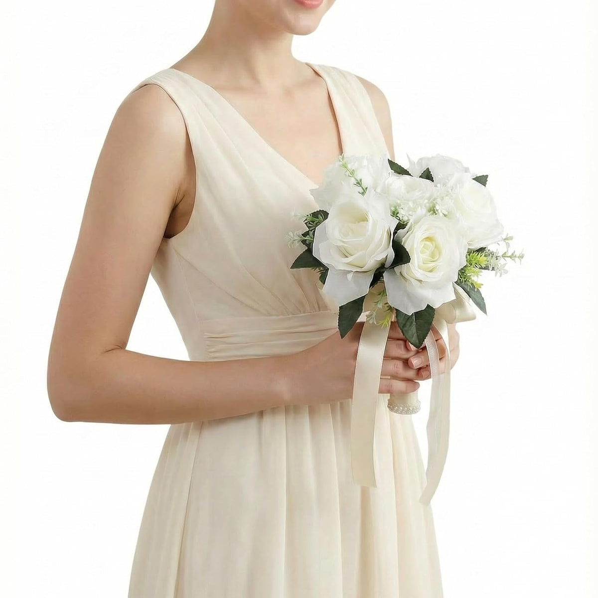Wedding Bouquets For Bride, White Champagne Artificial Roses Flowers Artificial Bridal Bouquet, Peonies Artificial Flowers For Bride Holding Flowers For Wedding (Milky White)
