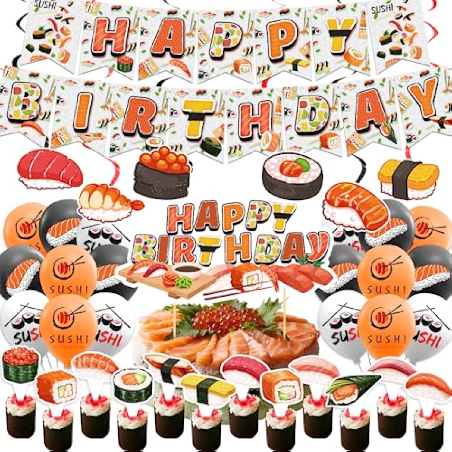 Sushi Party Decorations Japanese Birthday Party Decorations Includes Sushi Happy Birthday Banner Cake Topper Cupcake Toppers Balloons For Sushi Themed Party
