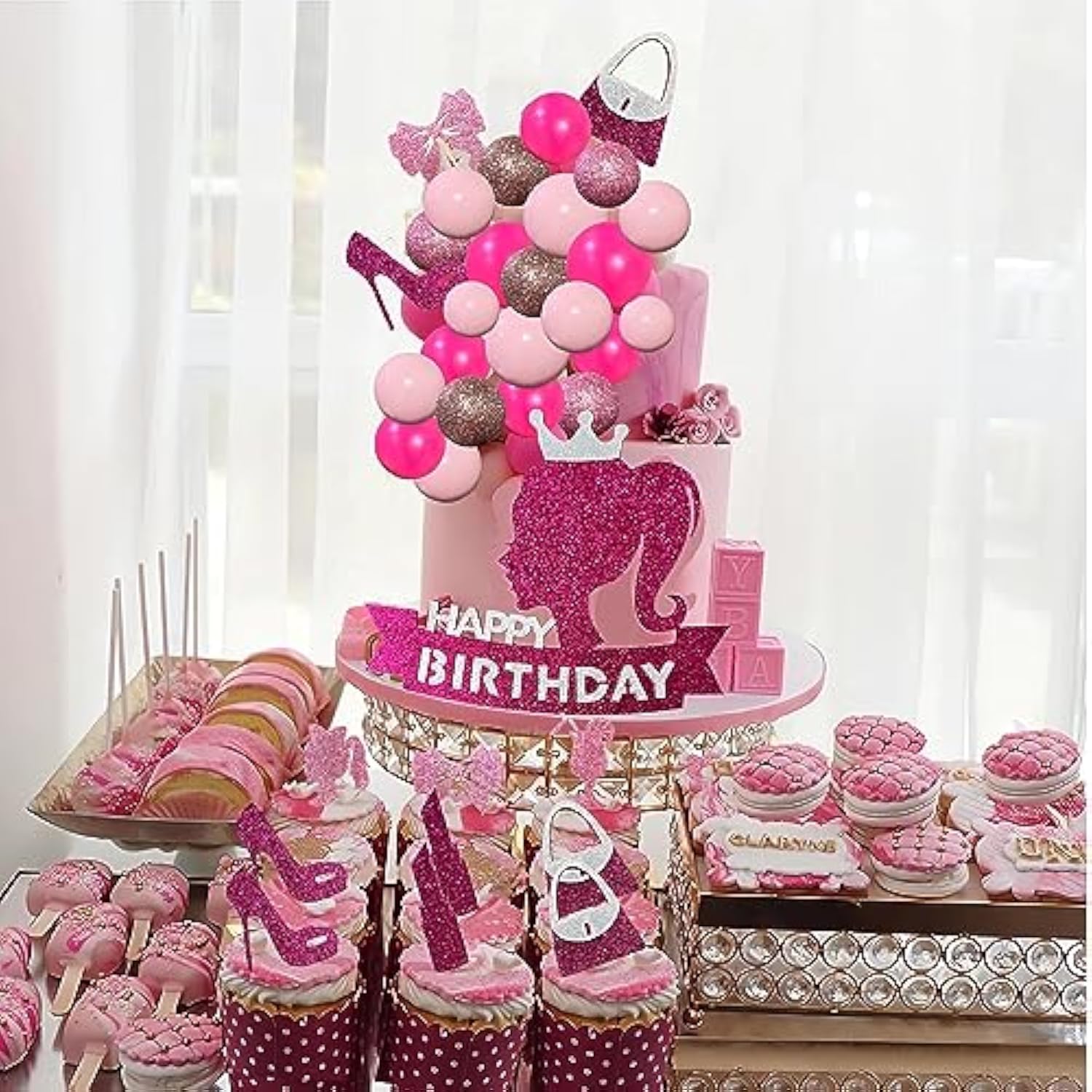 Hot Pink Girl Princess Cake Decorations - Glitter Happy Birthday Cake Topper With 20 Balls For Cake Decorating & 12 Girls Cupcake Toppers, Perfect Birthday Baby Shower Party Supplies For Barbie Fans