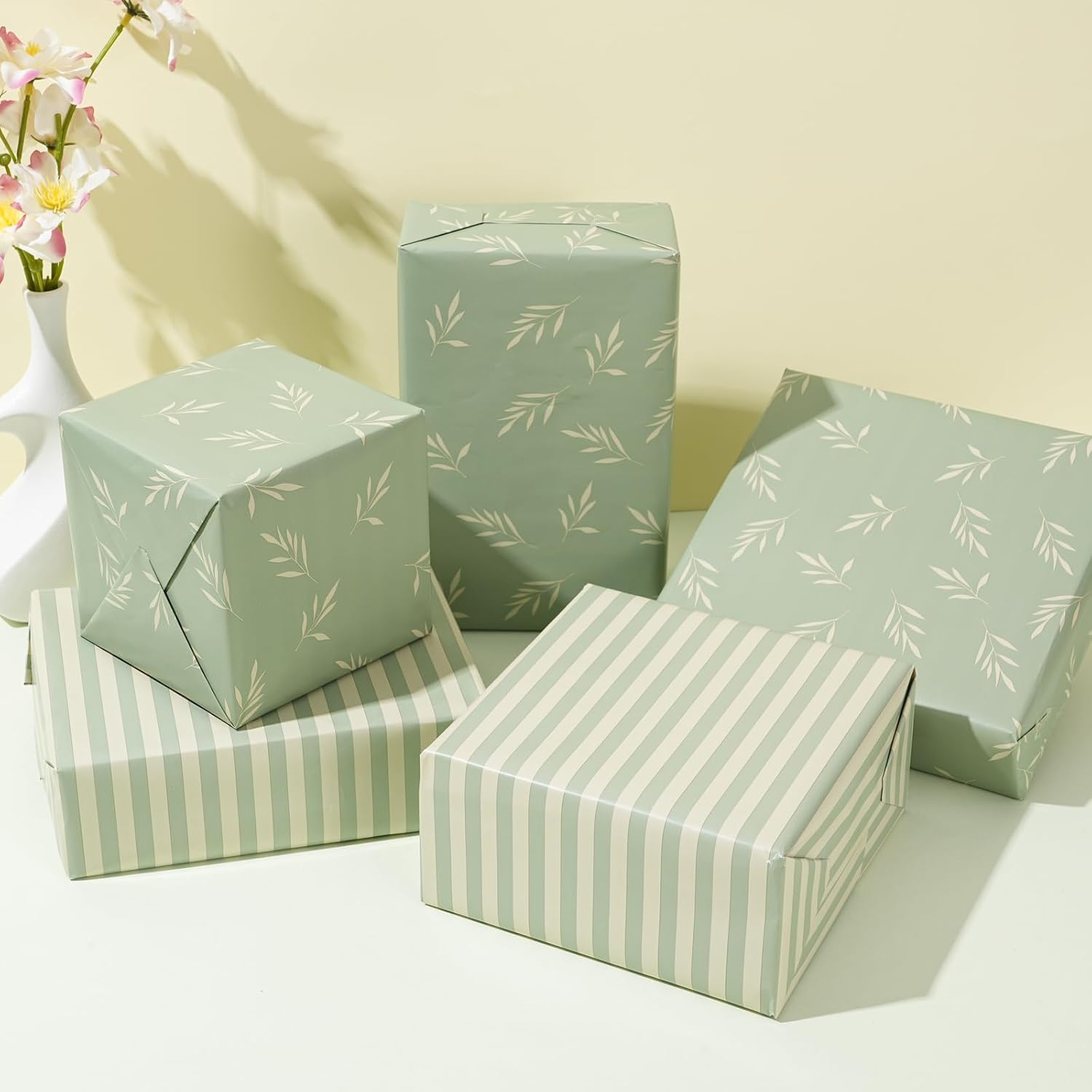 Reversible Gift Wrapping Paper Roll - Light Green Background With Beige Leaves - Green Stripe Design - For Birthdays,Weddings,Baby Showers,Mother'S Day,Christmas - 17.5" X 33' (48 Sq. Ft.)