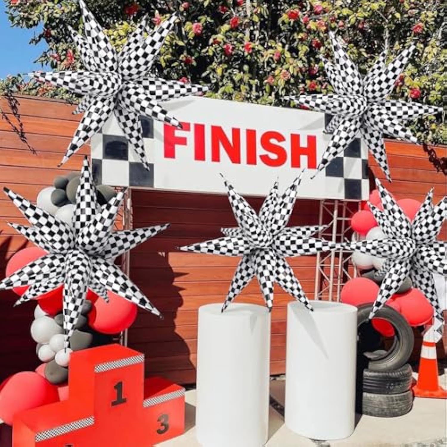 62 Pcs Checkered Star Balloons 12 Spike Foil Racing Birthday Decorations