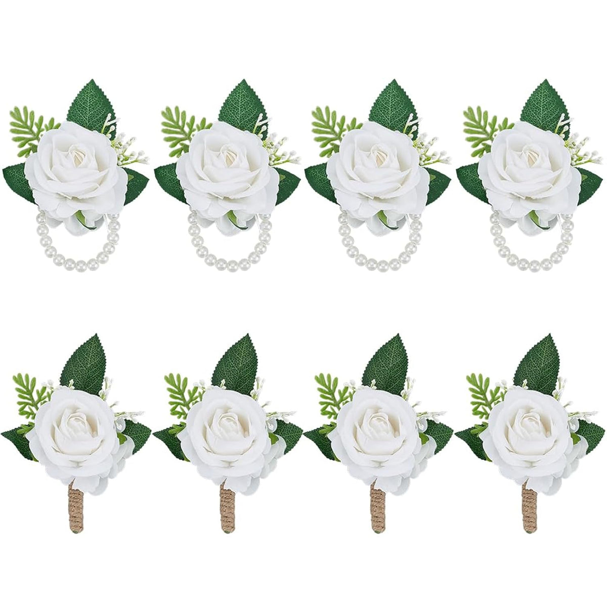4 Pairs Ivory White Roses Wristlet Corsage Band & Boutonniere Set, Romantic Artificial Flower Wrist Corsage Bracelet Accessories For Wedding Bridal Groom Prom Men Women Flower Girl Guest