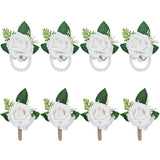 4 Pairs Ivory White Roses Wristlet Corsage Band & Boutonniere Set, Romantic Artificial Flower Wrist Corsage Bracelet Accessories For Wedding Bridal Groom Prom Men Women Flower Girl Guest