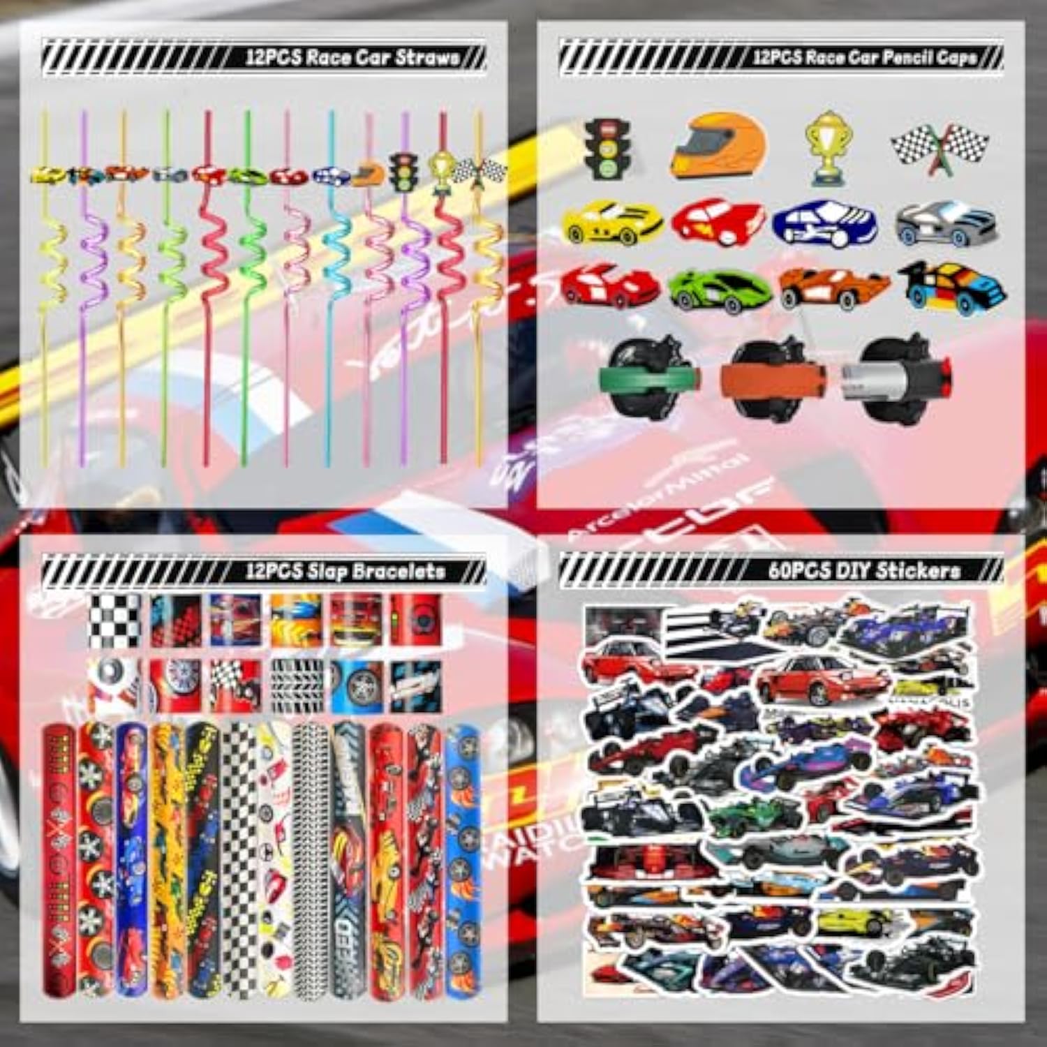 108Pcs Race Car Party Favors - Themed Birthday Goodie Bags With Party Straws, Bubble Slap Bracelets, Diy Car Stickers, Pencil Caps