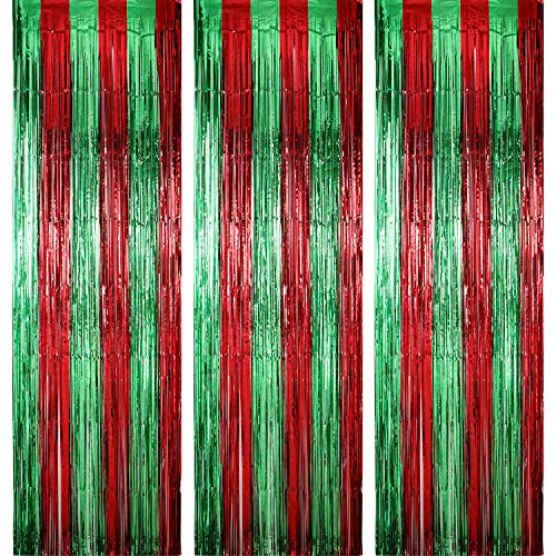 3 Pack Christmas Foil Fringe Curtains 3.28 x 8.2 ft, Red with Green